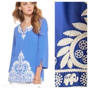 Lilly Pulitzer Blue White Floral Elephant Embroidered Charlotte Tunic Small